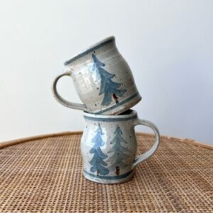 Vintage Handmade Pottery Mugs Pair Set of 2 Trees Christmas Cabin